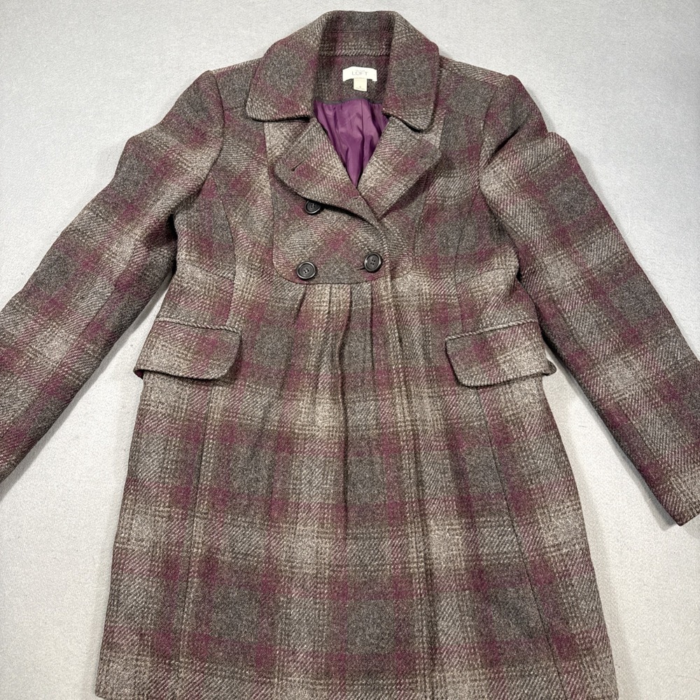 ANN TAYLOR LOFT Purple Gray Wool Blend Plaid Jacket Pea Coat Sz 6